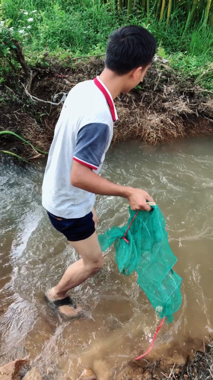 農村青年河裡放地籠抓魚