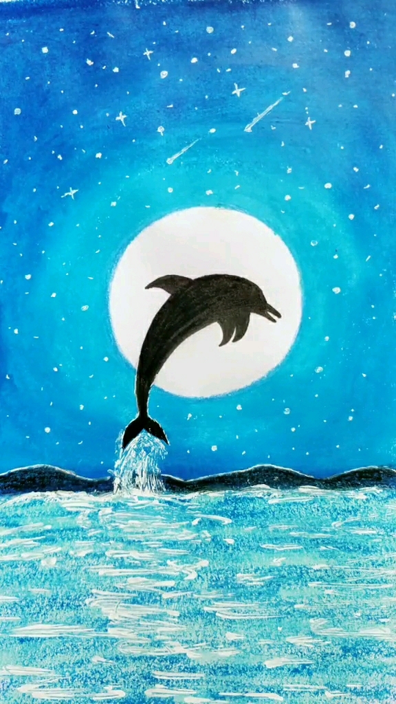 油画棒教你画星空下跳跃的海豚零基础易学