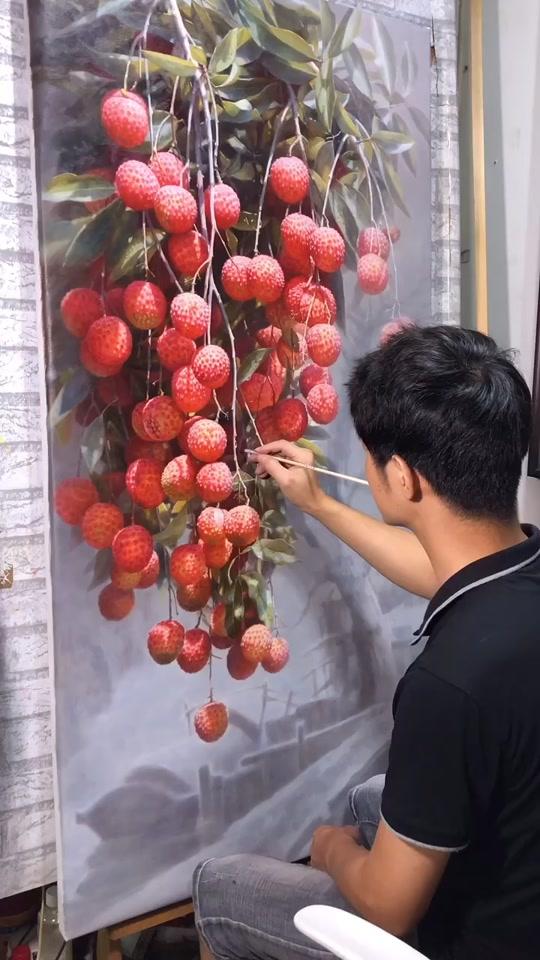 只有夏天有水果,《红利满满》原创油画#六五环境日 #荔枝 #油画 @全民