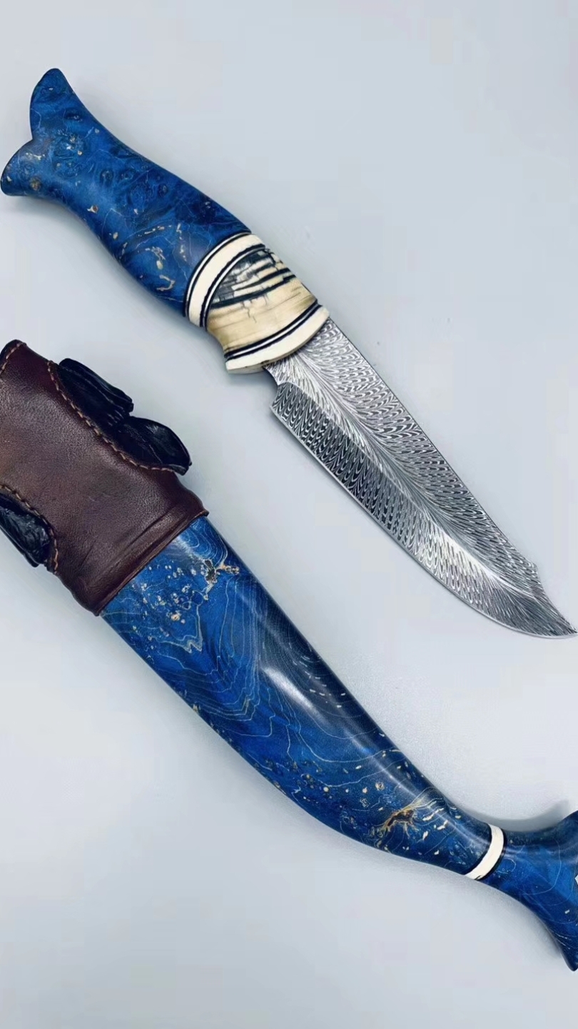 人鱼短刀羽毛纹大马士革猎刀