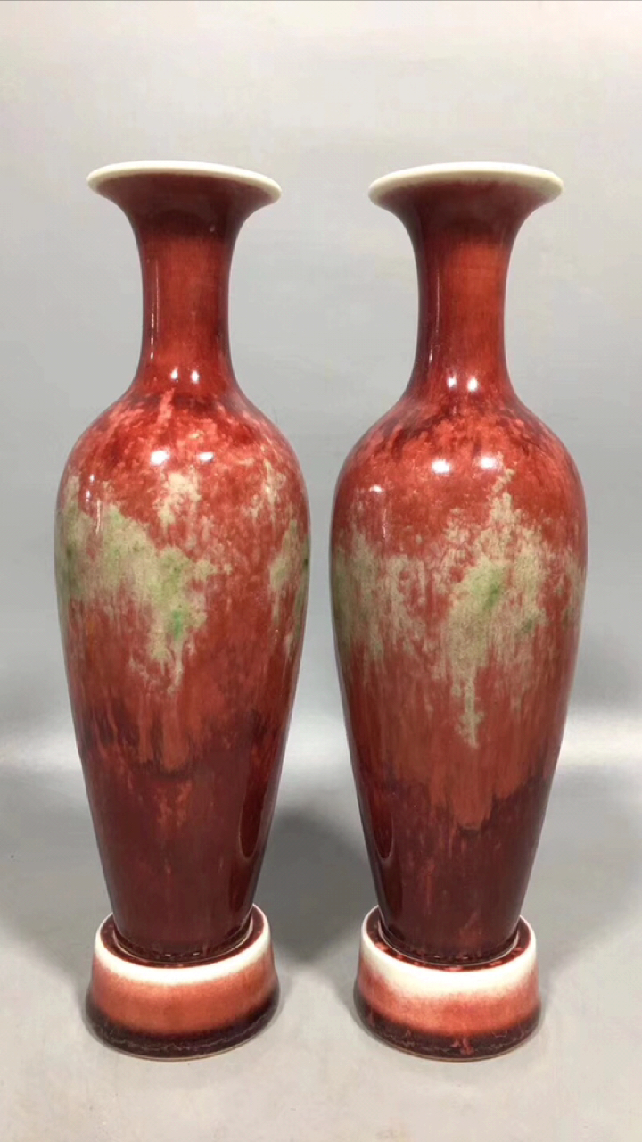 清代康豇豆美人醉釉带坐柳叶瓶一对