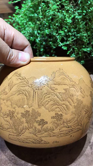 秋石刻绘通转山水刻紫砂水洗