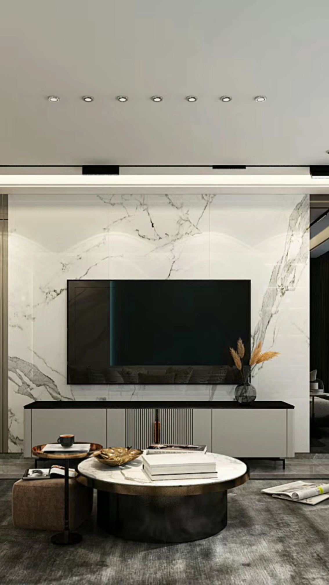 装修#无主灯现代高级灰,电视墙地砖上墙,墙面护墙板,这样设计的新房