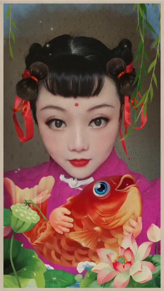 玩这个特效,还特意化了个妆梳了发型年画娃娃,我是最可爱的福娃是不是