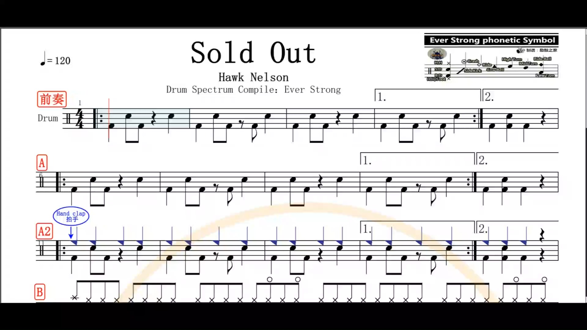 疯狂架子鼓#【椰壳鼓手网】hawk nelson sold out架子鼓高清动态鼓谱