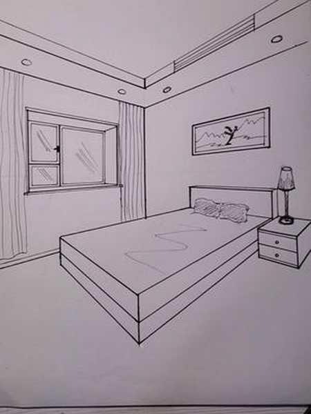 卧室两点透视手绘图片