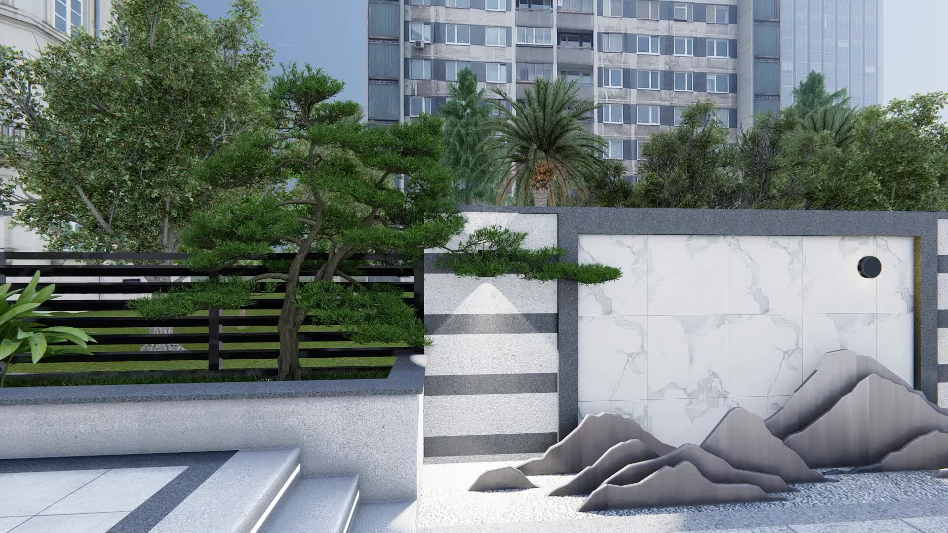 新中式花园设计,新中式景墙效果图