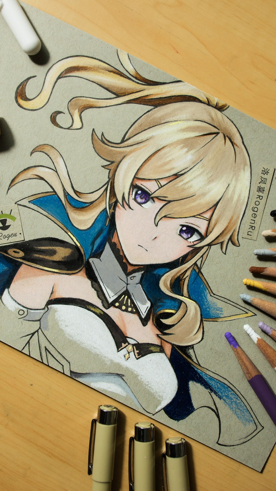 岁末有奖打卡#用油性彩铅画手游《原神》漫画人物:琴.风啊,回应我吧.