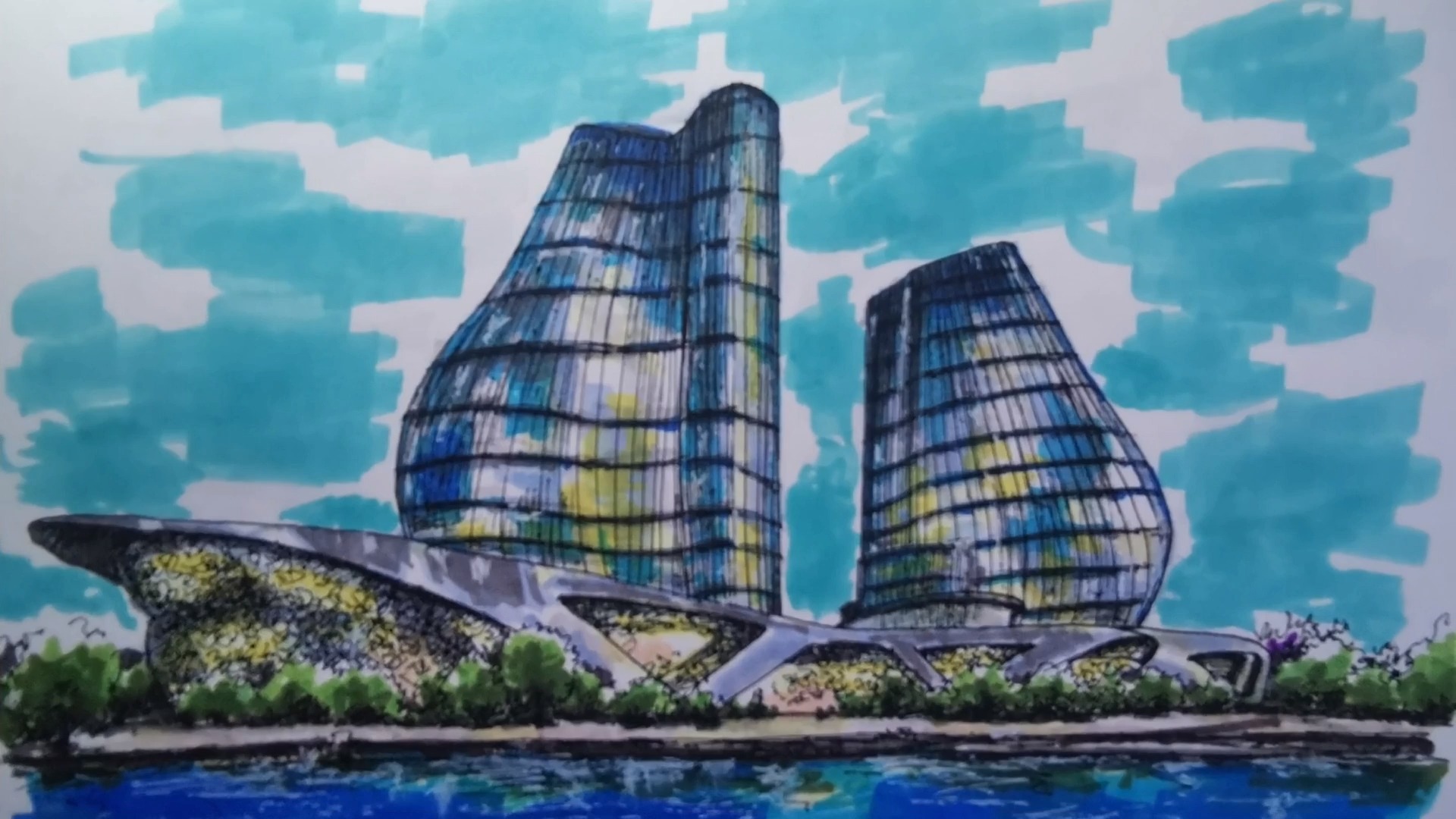 绘画#纯手绘,常州花博会建筑群