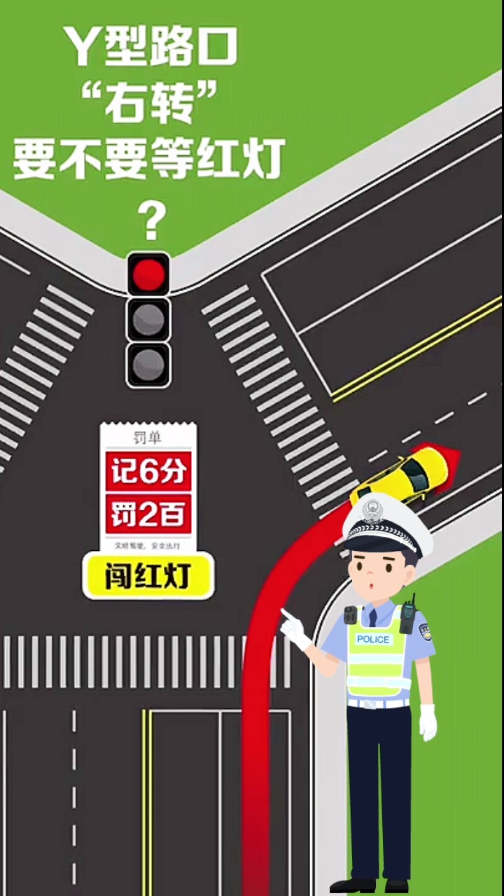y型路口右转要不要等红灯遵守交通规则考驾照驾考技巧红绿灯路口
