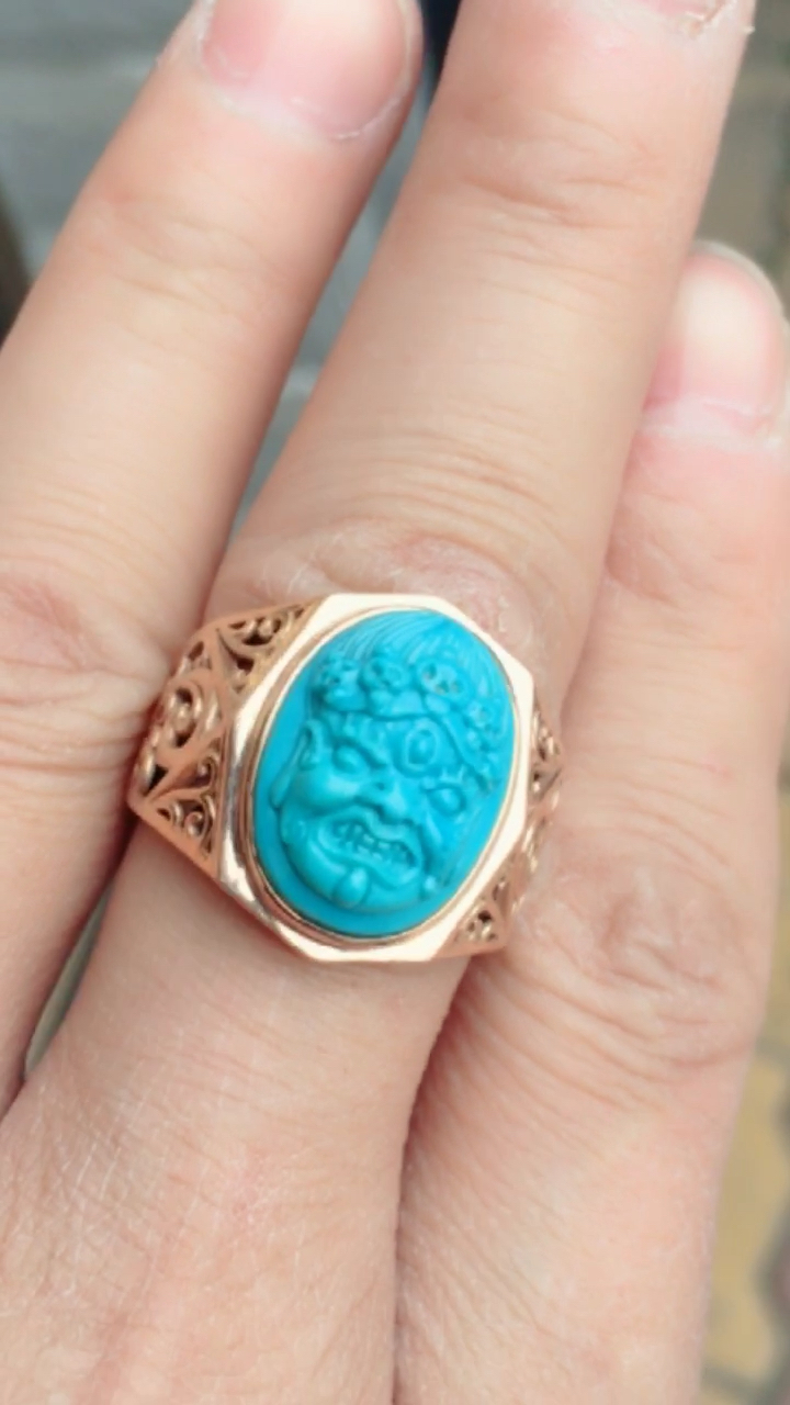 湖北原矿高瓷绿松石大黑天戒指,黄金镶嵌