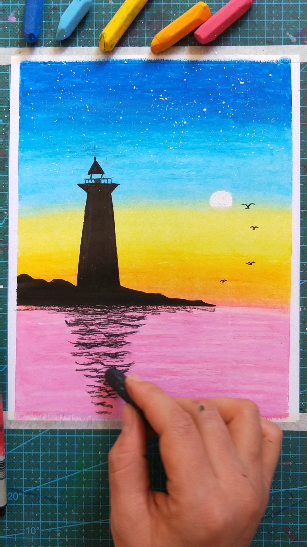 油画棒教你画海景灯塔,步骤简单易学,一看就会系列.-度小视