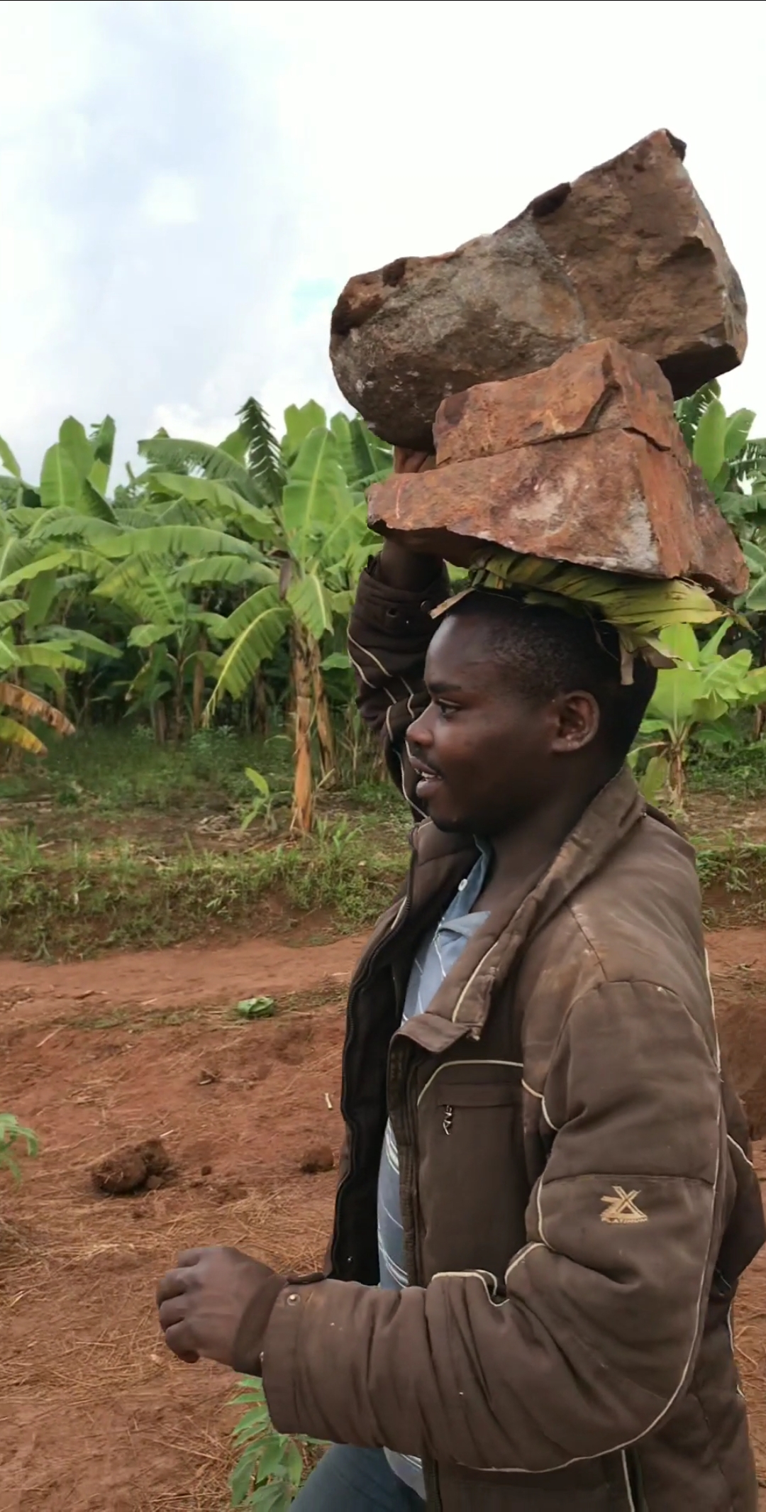 非洲铁头娃,头顶大石头走一公里修房子.