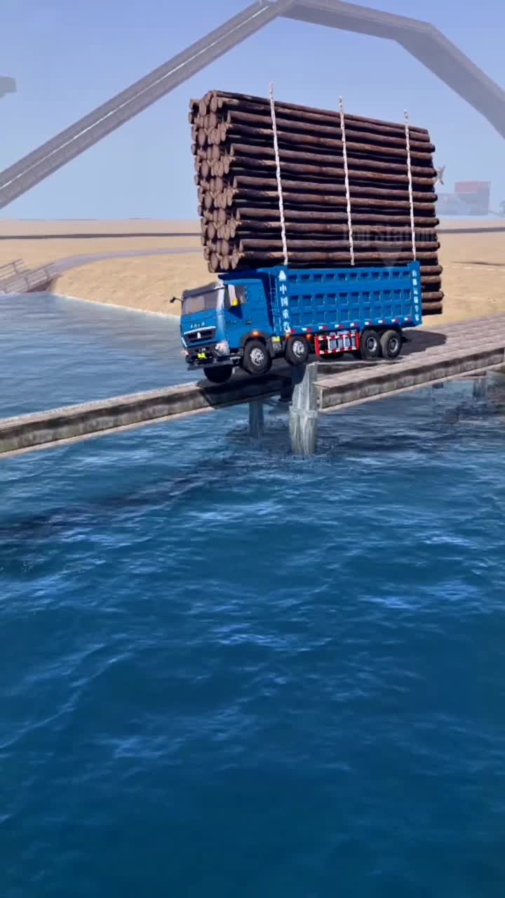 大货车超载拉木头,过单边桥