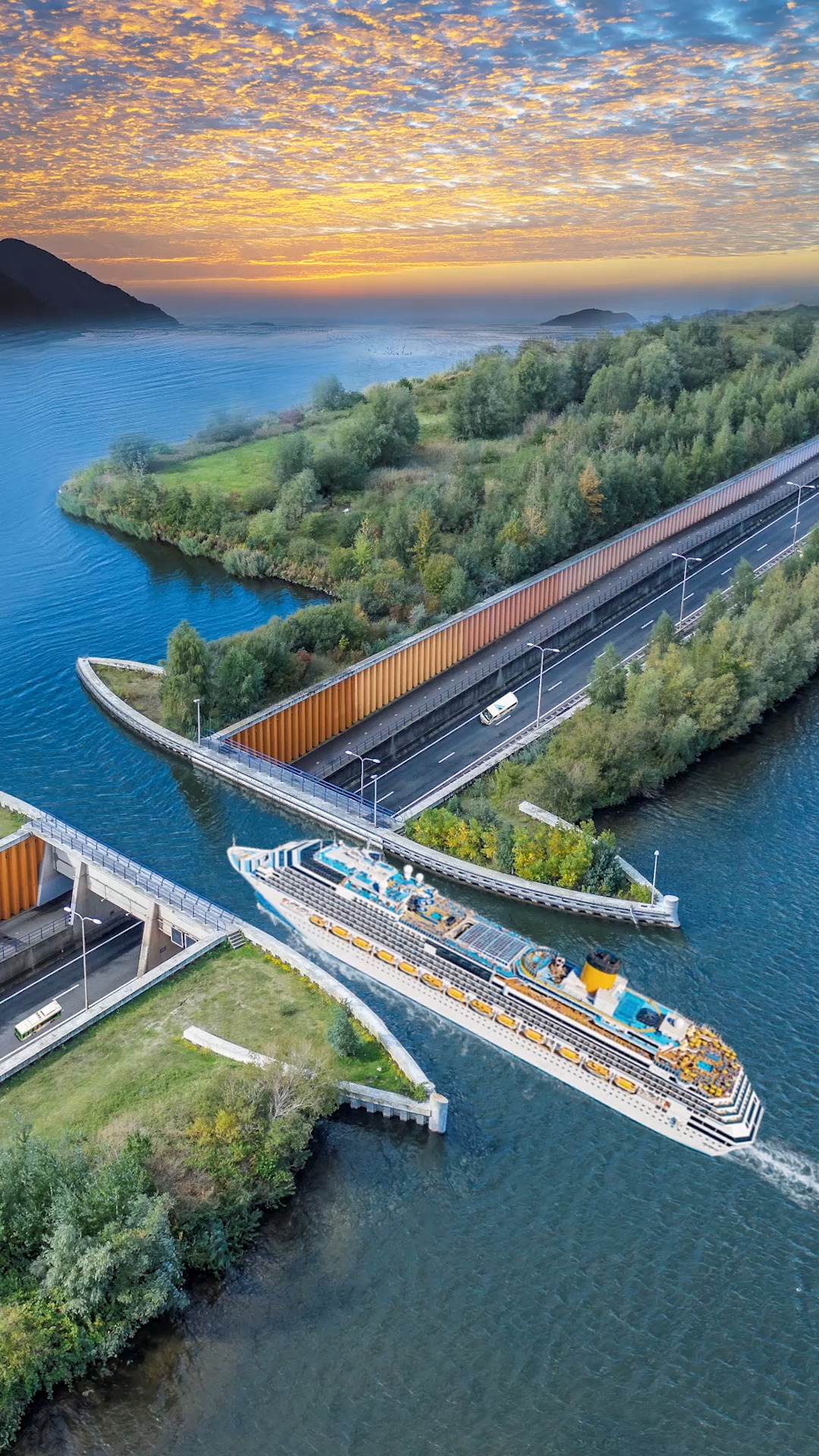 费吕沃湖水道桥,桥上过船,桥下通车,简直堪比大型魔术现场!