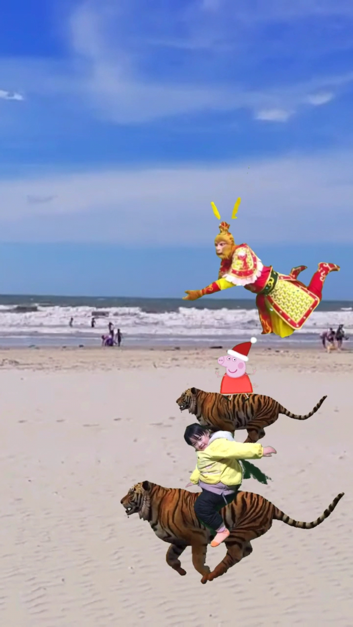 小女孩和佩琪一起骑老虎,偶遇孙悟空