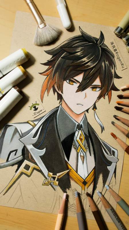 岁末有奖打卡油性彩铅手绘米哈游原神漫画人物摩拉克斯