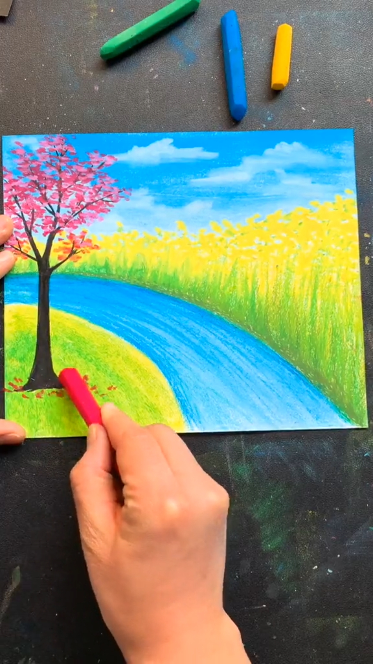 风景画#蜡笔教你画油画花风景,步骤简单易学.-度小视