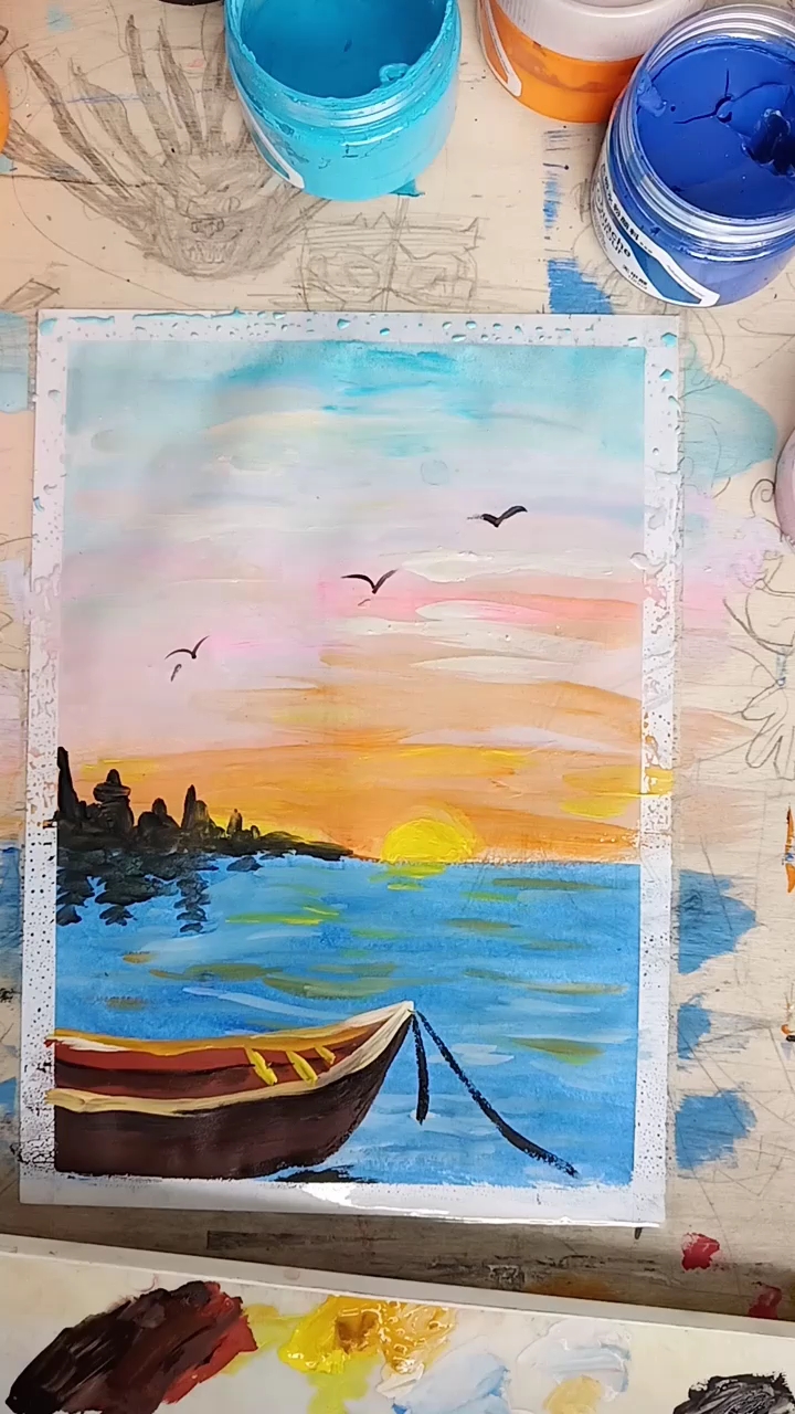 水粉画:坐上小船带你去想去的地方