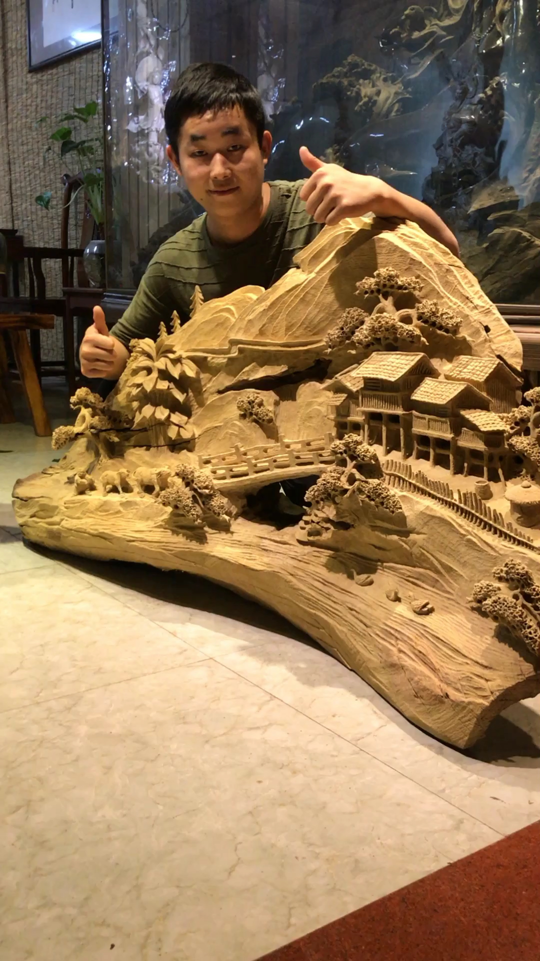 木雕手工制作(山水人家)