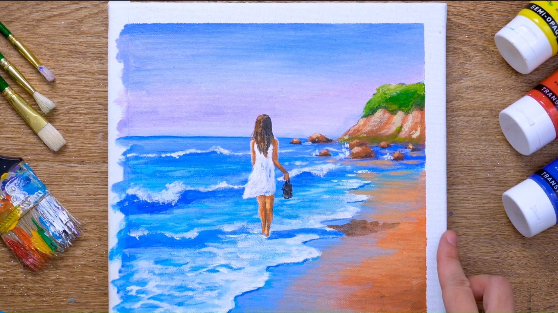 丙烯画##丙烯画  #创意美术 果果绘画—海边那个白裙女孩,你见过她吗