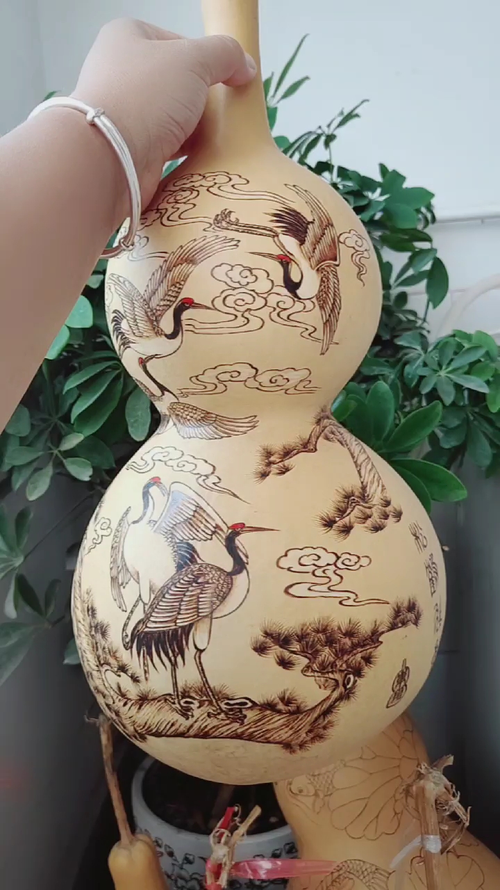 纯手工烙画大葫芦,松鹤延年第二款