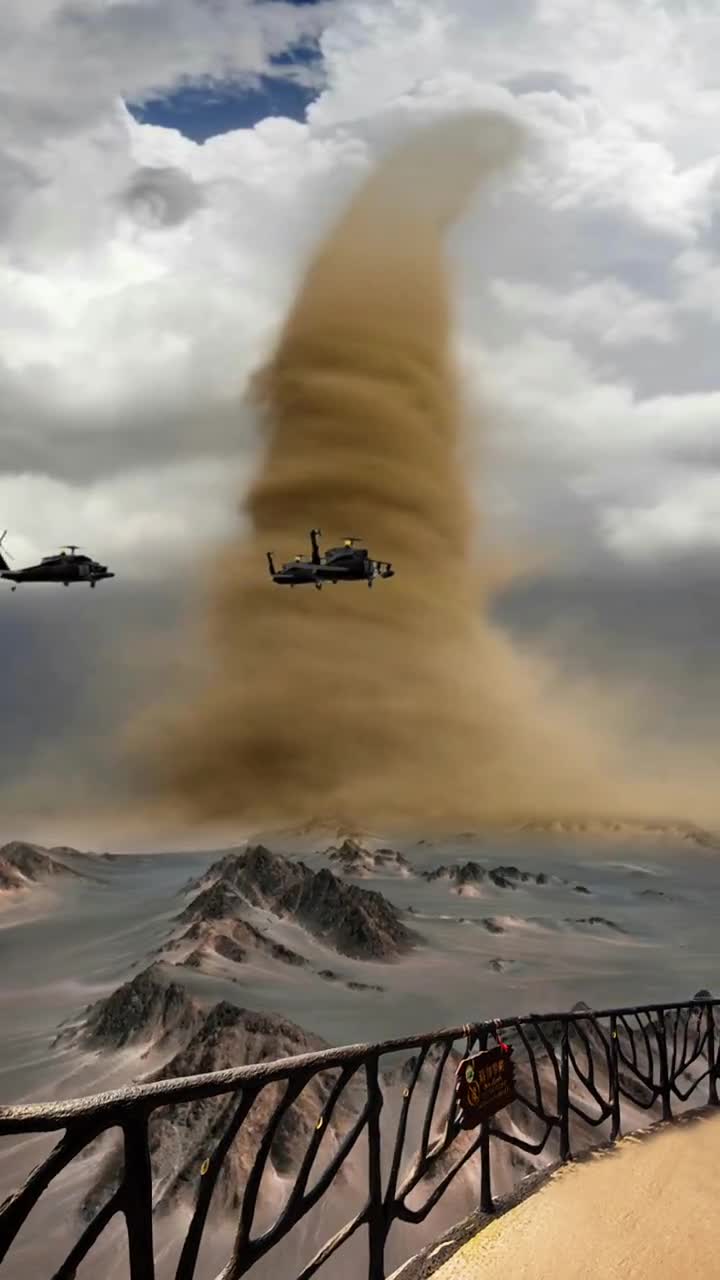 超大龙卷风到达沙漠,路过直升机不小心卷如龙卷风中