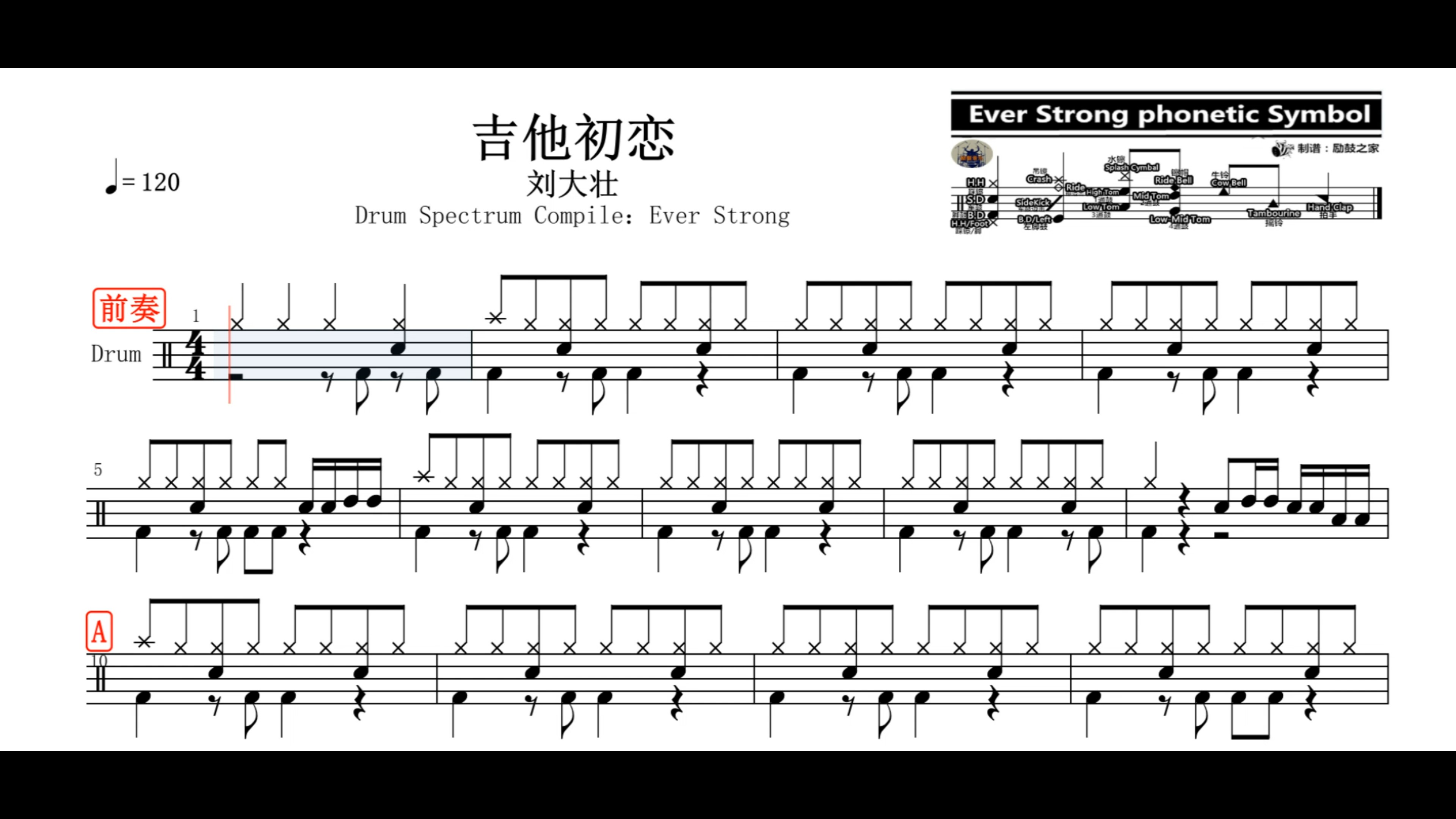 「椰壳鼓手网」分享刘大壮吉他初恋鼓谱架子鼓鼓谱高清动态鼓谱
