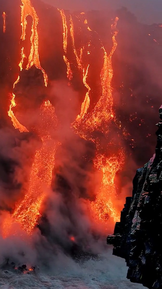 火山爆发时溢出地表的岩浆,就像刚刚出炉的钢水,火红而炽热,温度一般